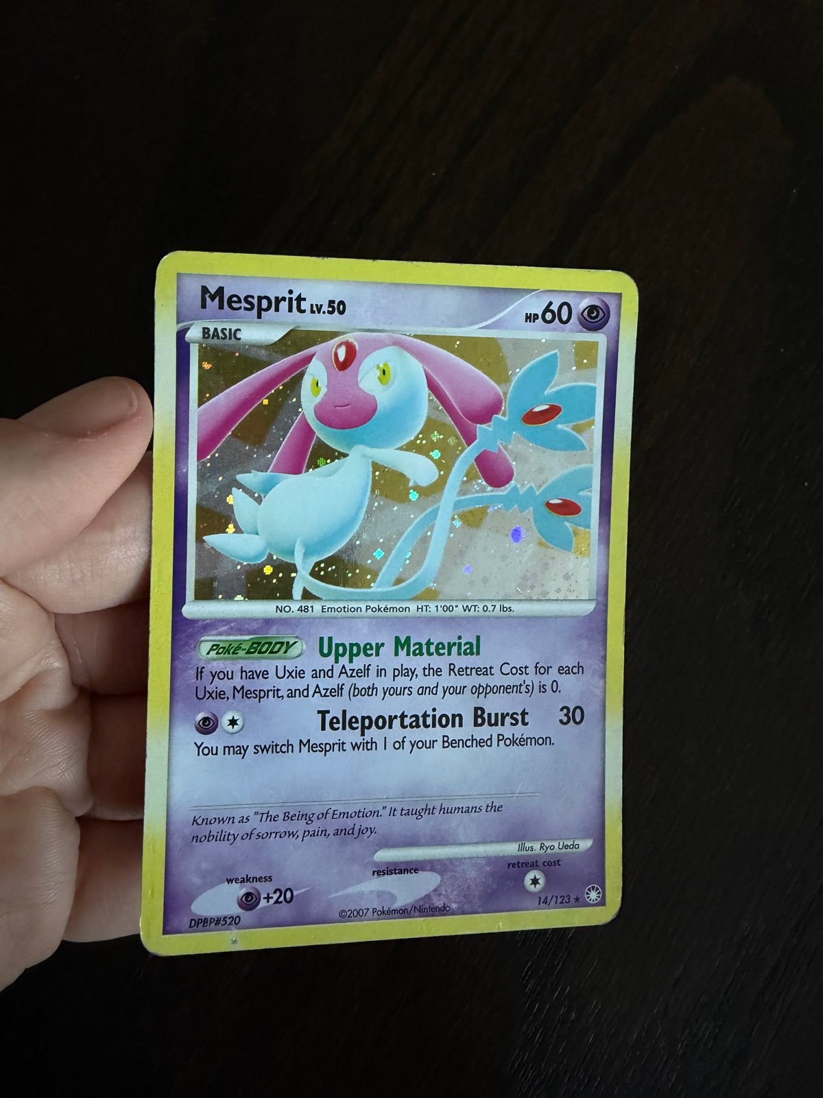 Vintage Pokémon kaart - Mesprit LV.50 (2007), Hobby en Vrije tijd, Ophalen of Verzenden, Gebruikt, Losse kaart, Foil
