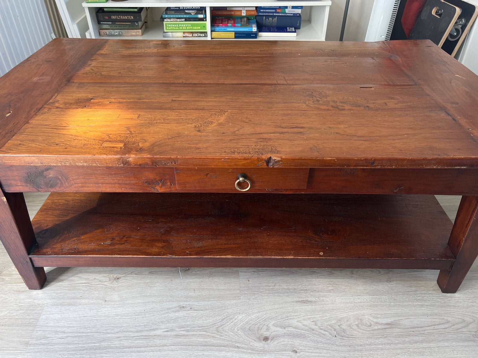 Houten salontafel met lade - 140x80x51.5 cm, Ophalen, 50 – 75, Gebruikt, 50 tot 100 cm
