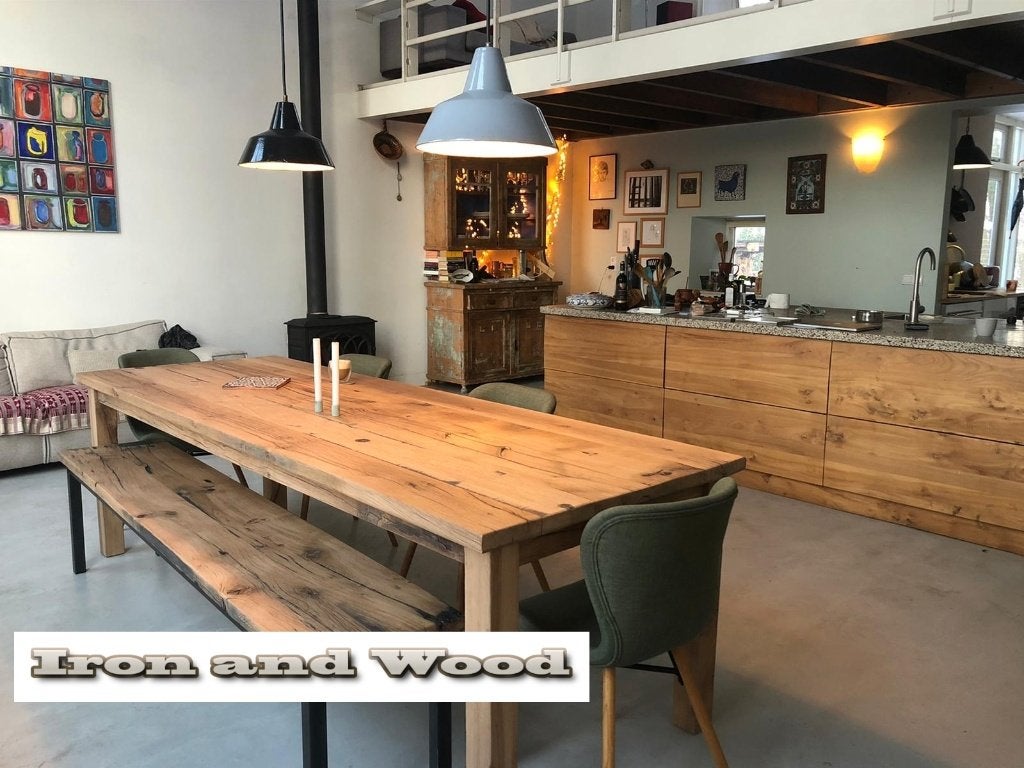 Wagonplanken tafel op maat van robuust oud eiken evt bankje, Ophalen, Nieuw, Hout