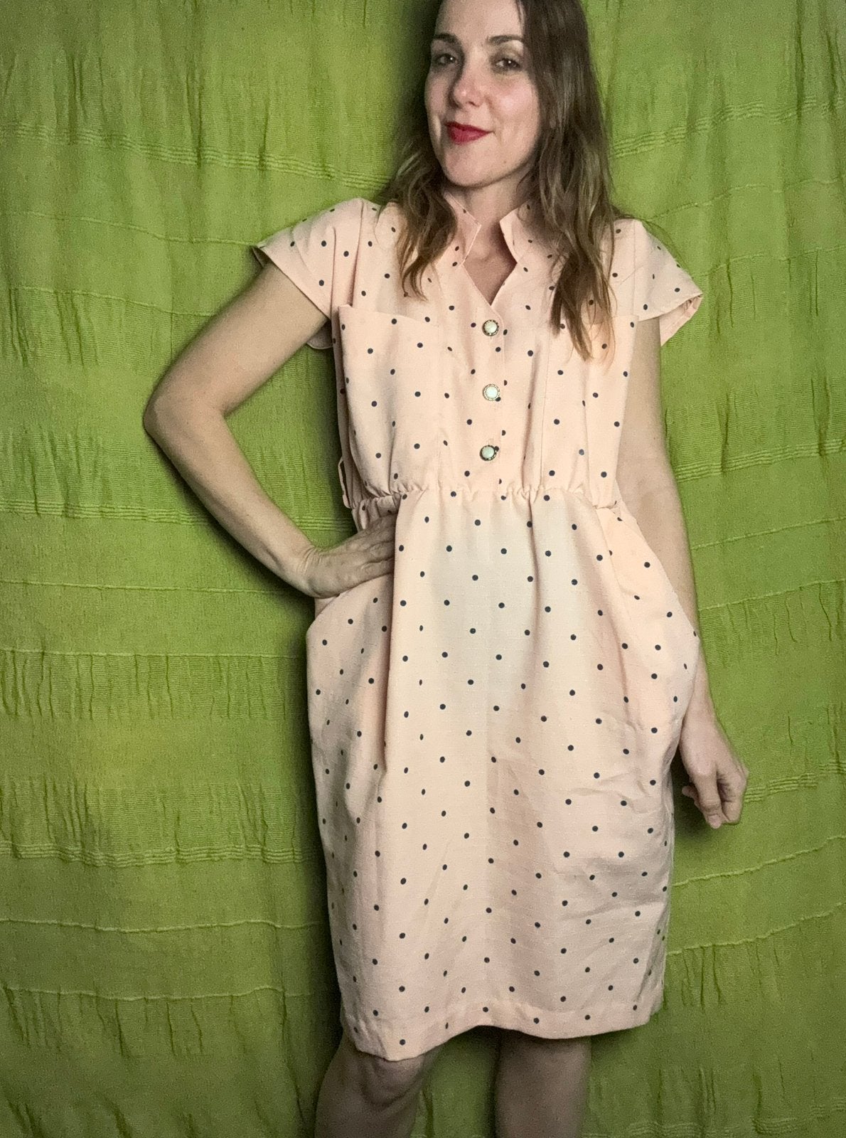 Vintage jurk - jaren 70 - zalm - gestippeld- stippen, Kleding | Dames, Jurken, Maat 38/40 (M), Hgv, Hgv, Oranje