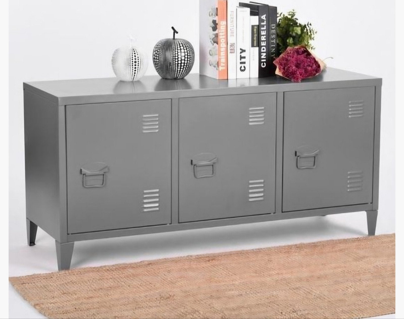 Industrieel dressoir plaatstaal grijs - 4 kasten, Ophalen, 100 tot 150 cm, Zo goed als nieuw, Minder dan 100 cm
