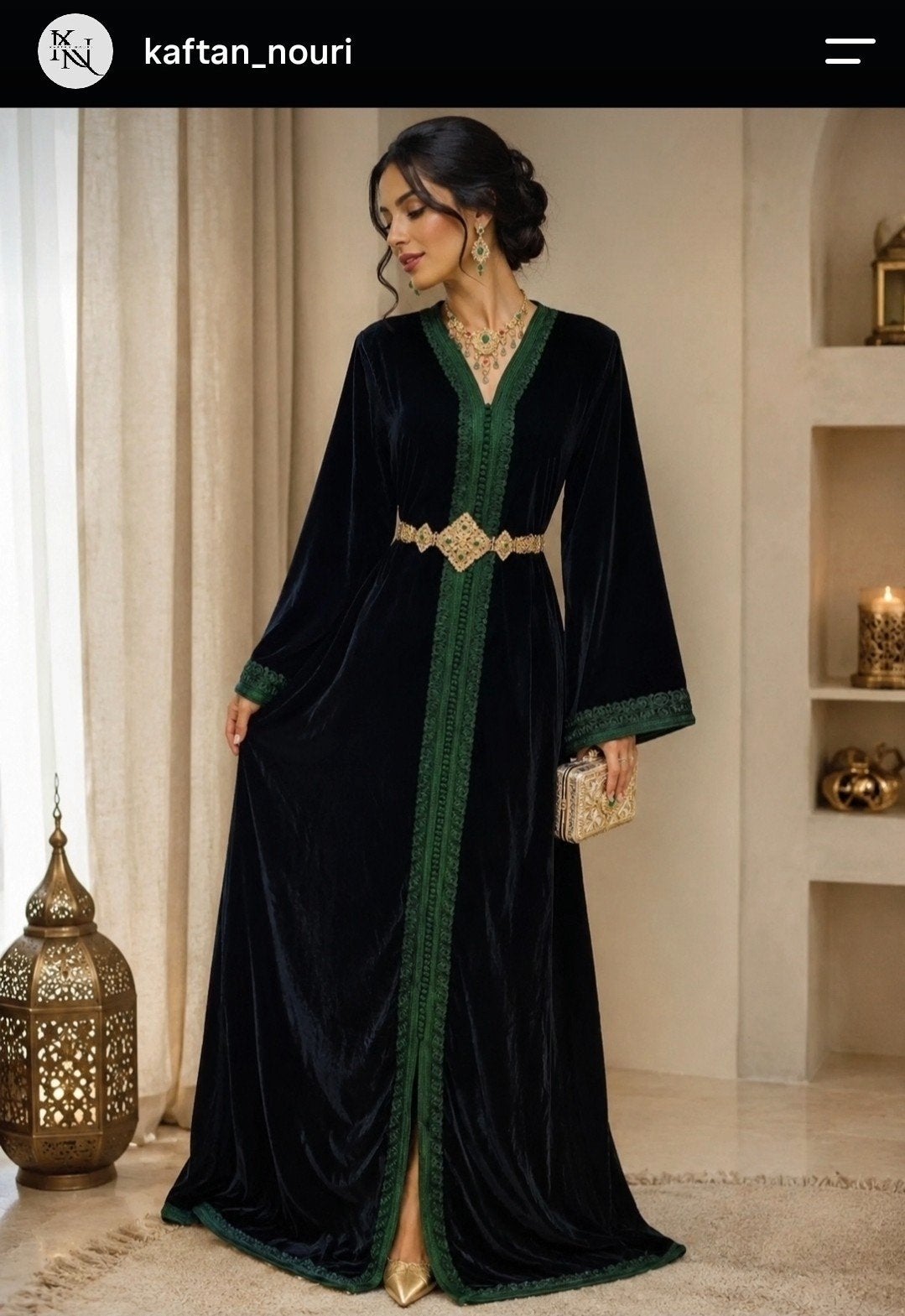 Donkergroene Fluweel Kaftan met Groene Borduring, Maat 38/40 (M), Zwart, Kaftan Nouri, Nieuw