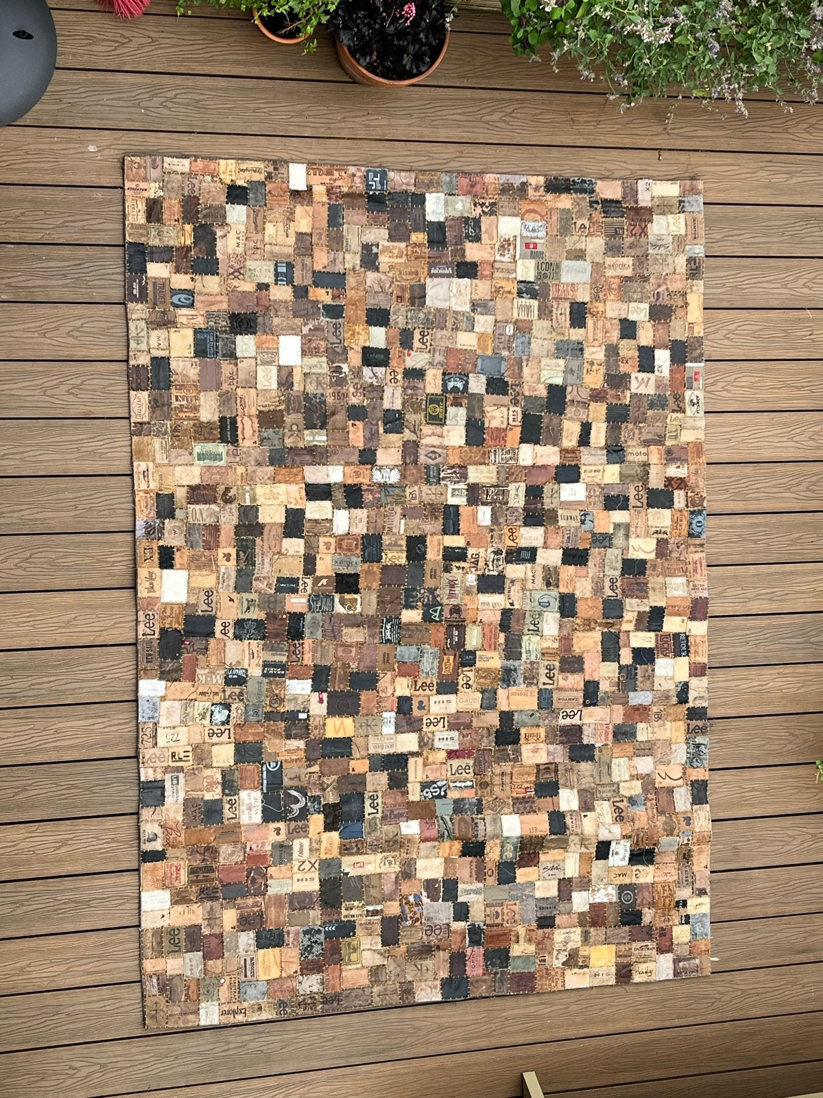 Uniek Vloerkleed van Gerecyclede Jeanslabels, Ophalen, Gebruikt, Beige, 150 tot 200 cm