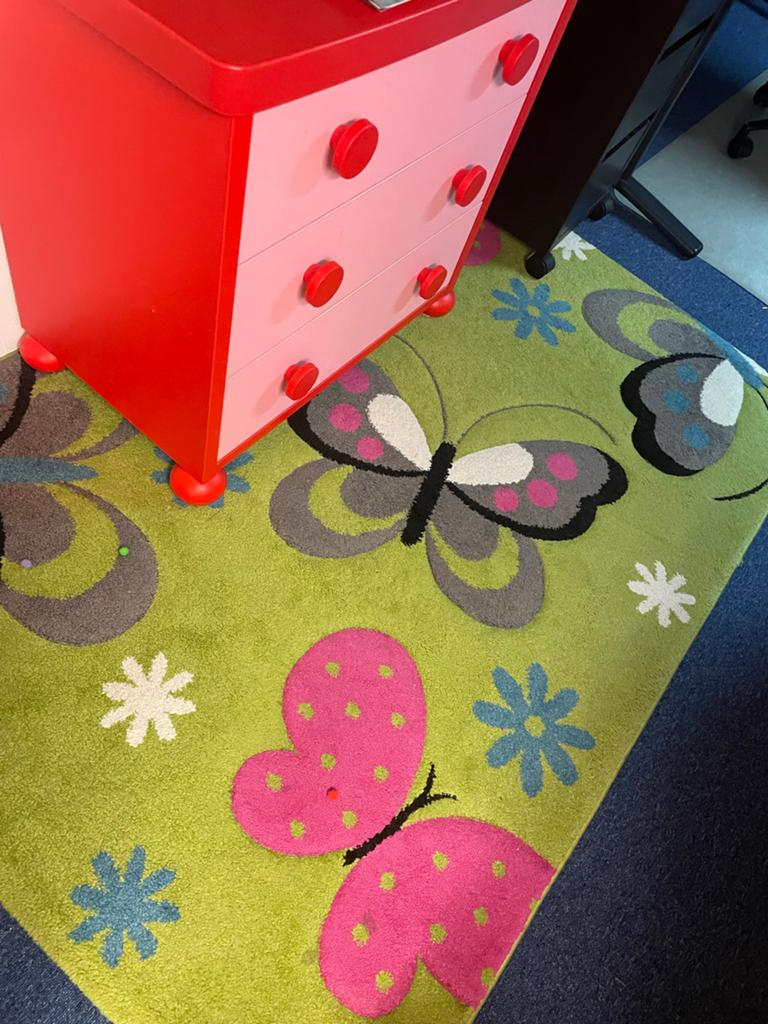 Vrolijk groen vloerkleed met vlinders en bloemen, Ophalen, Gebruikt, 100 tot 150 cm, 50 tot 100 cm