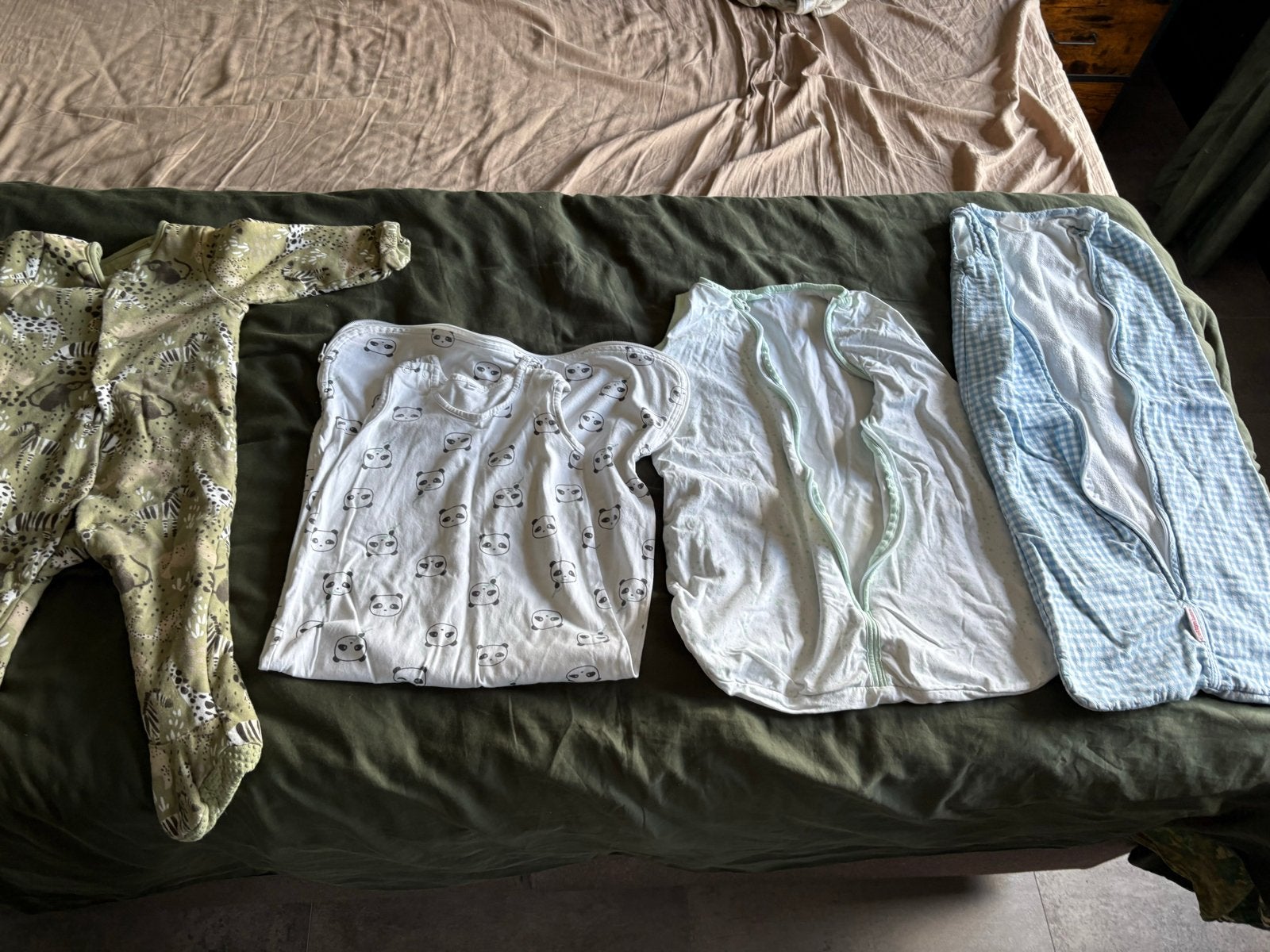 4 Slaapzakken: Panda, Jungle, Blauw, Wit Mintgroen (70-90cm), Ophalen of Verzenden, Gebruikt, Slaapzak