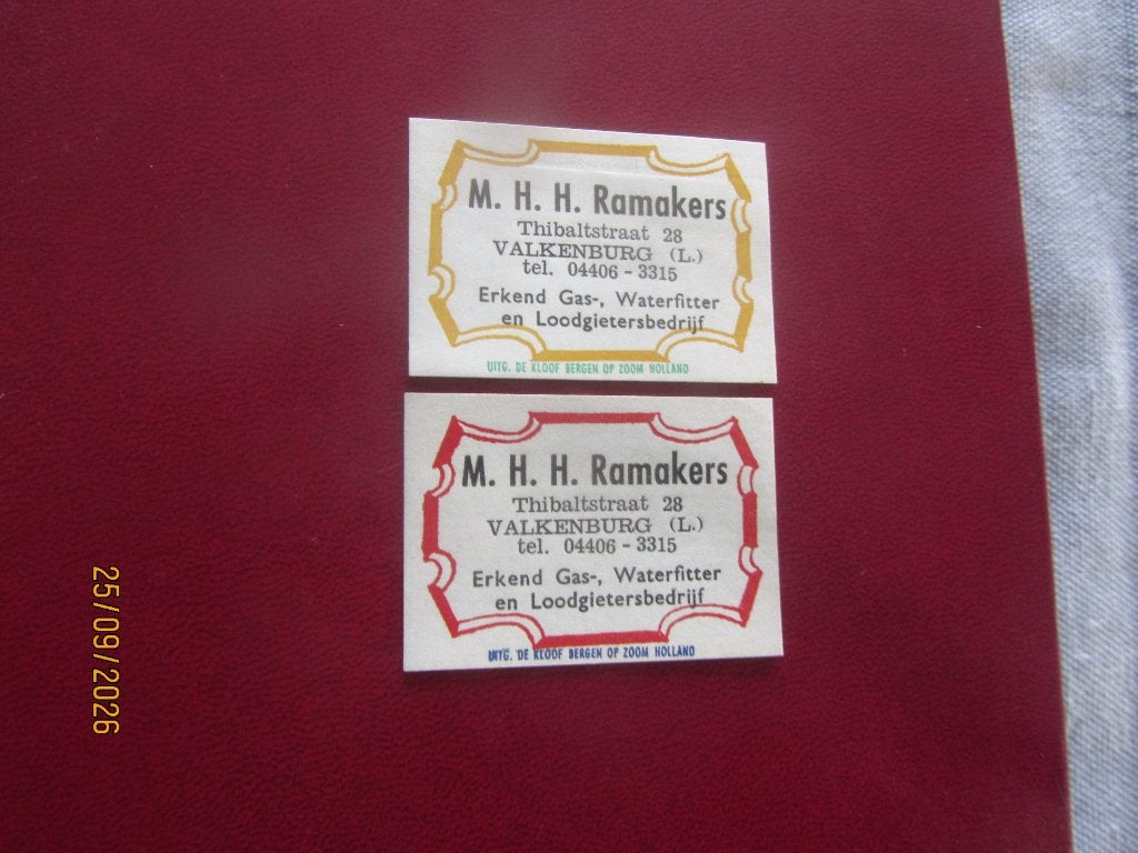 Loodgieter M.H.H. Ramakers Valkenburg, Ophalen of Verzenden, Gebruikt, Luciferdoosjes of -merken