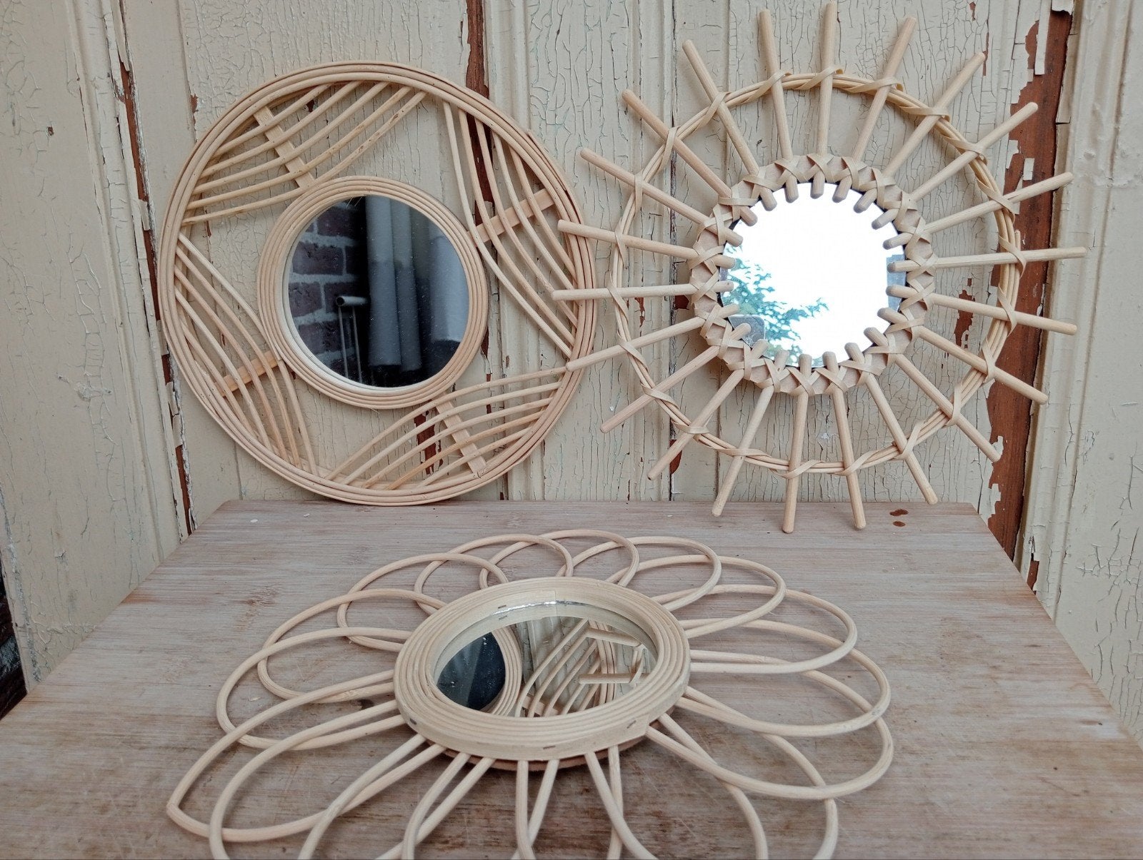 Set van 3 Ibiza stijl riet spiegels, Huis en Inrichting, Woonaccessoires | Spiegels, Gebruikt, Minder dan 50 cm, Minder dan 100 cm