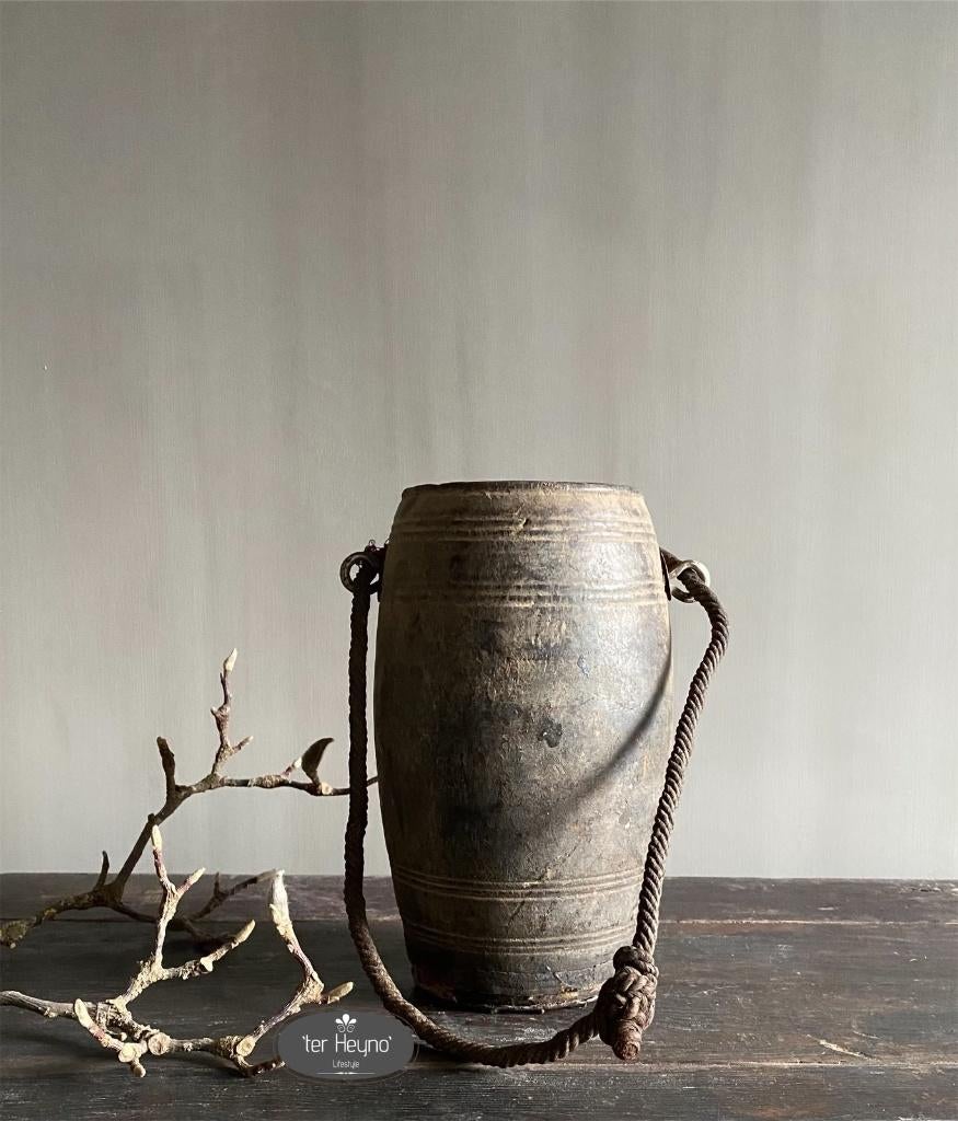 Oud houten Nepalese pot kruik hout stoer sober landelijk, Verzenden, Nieuw, Hout, Landelijk