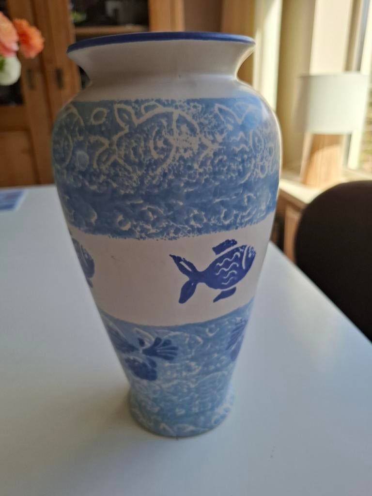 Decoratieve vaas met vissenmotief - Blauw/Wit, Ophalen of Verzenden