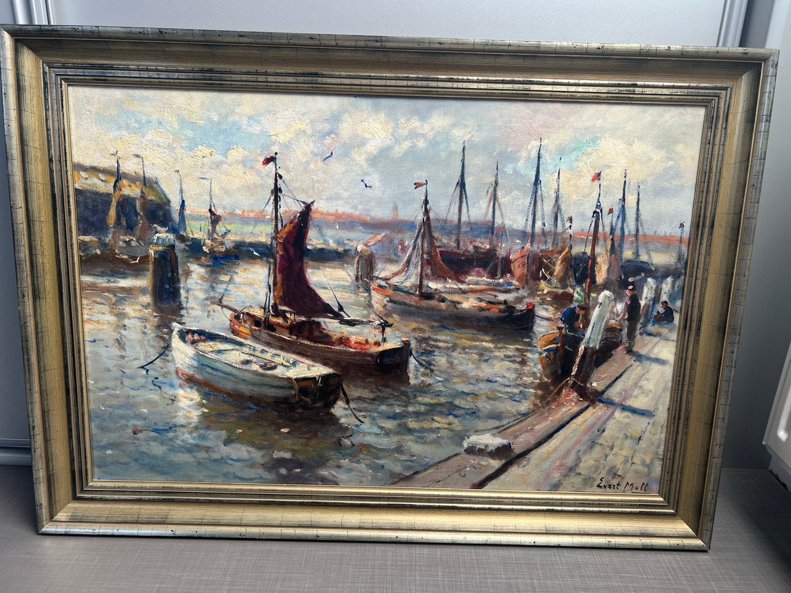 Evert Moll - Olieverf op doek - Havenzicht, Antiek en Kunst, Kunst | Schilderijen | Klassiek, Maritiem / water, Doek, Ophalen of Verzenden