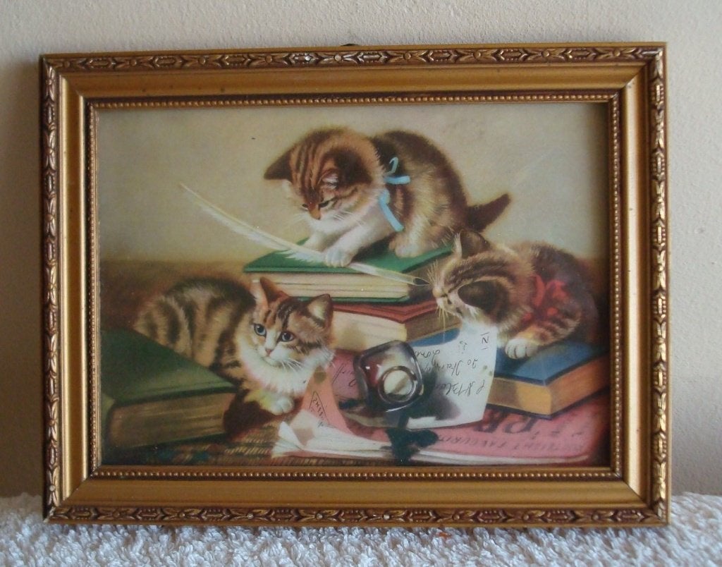 retro/vintage schilderijtje/prent 3 poezen/kittens op boeken, Verzenden, Minder dan 50 cm, Overige typen