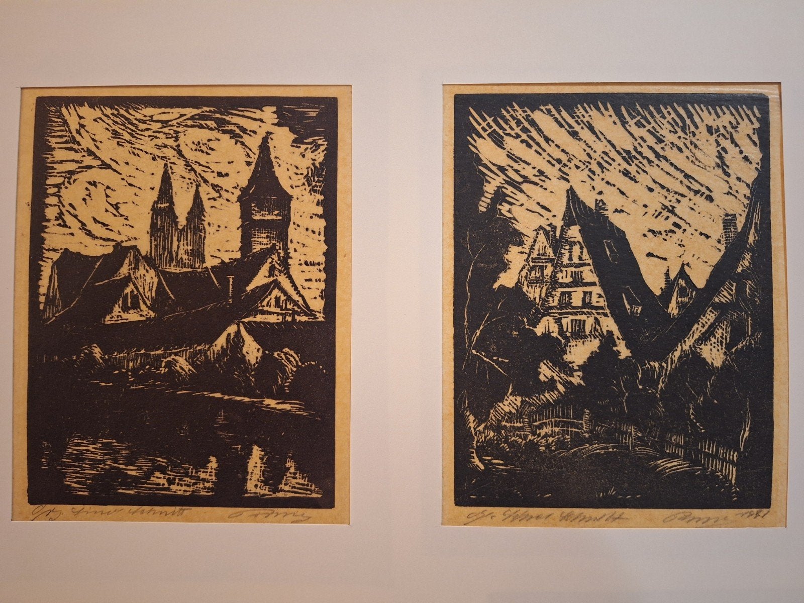 2x Houtsnede - Onduidelijk Gesigneerd, Antiek en Kunst, Ophalen of Verzenden, Houtsnede, Origineel