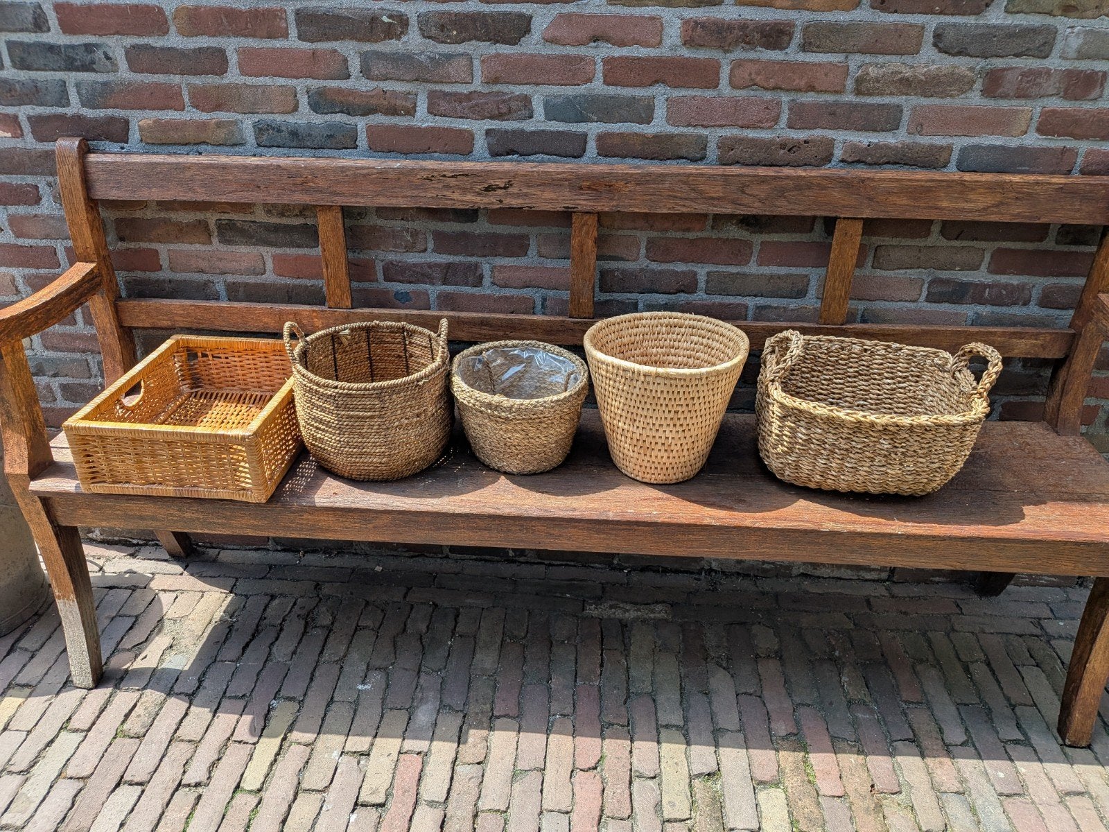 Set van 5 gevlochten manden / plantenmanden (Riet & Zeegras), Ophalen, Zo goed als nieuw, Rond