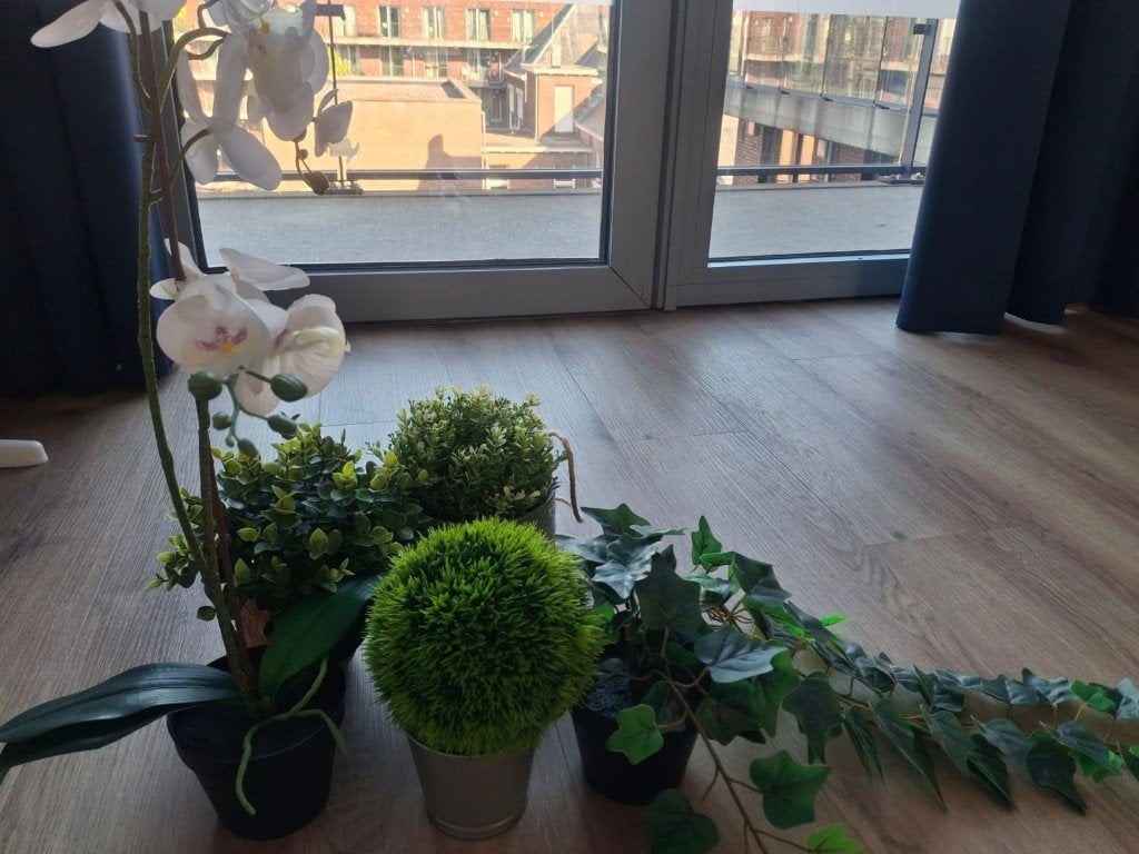 Set van 4 kunstplanten: orchidee, klimop en groene planten, Ophalen, Kunststof, Zo goed als nieuw, Minder dan 25 cm