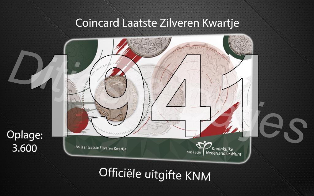 Laatste Zilveren kwartje in coincard KNM 1941 DM, Ophalen of Verzenden, Koningin Wilhelmina, 25 cent, Zilver