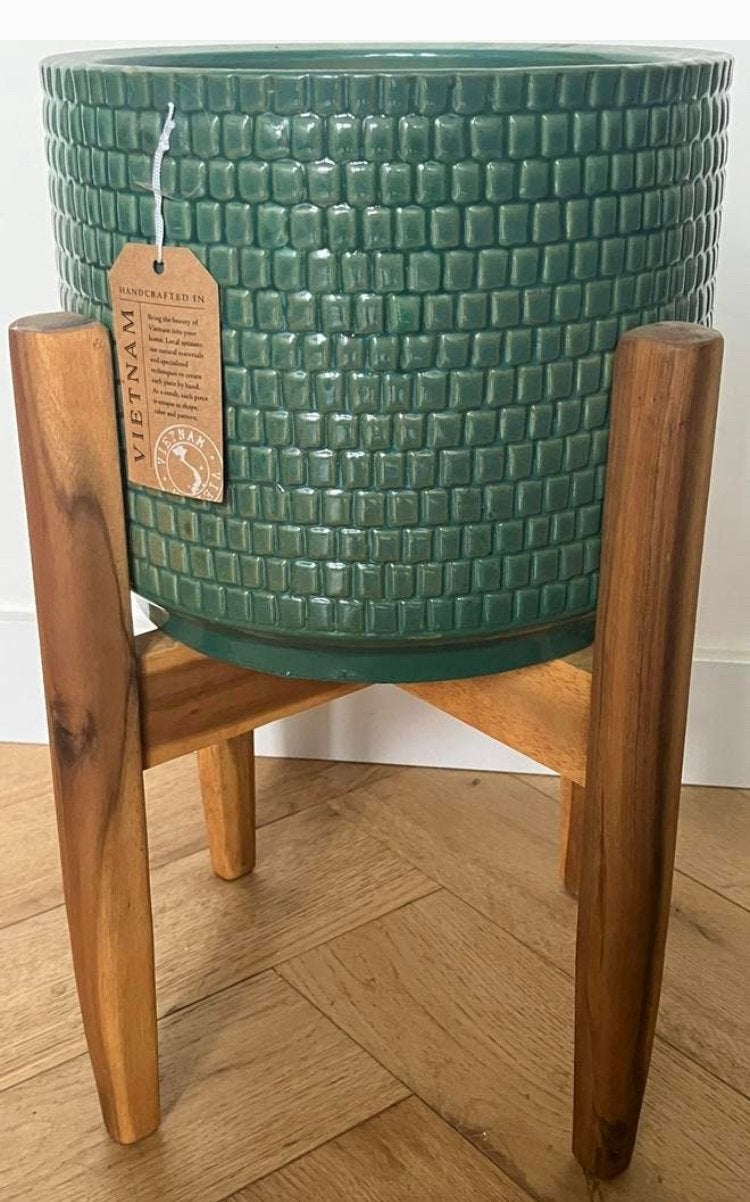 Mooie groene pot met houten standaard plantenhouder planter, Balkon, Rond, Nieuw, Ophalen of Verzenden