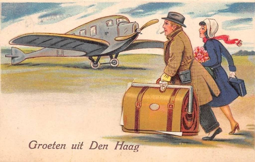 Den Haag Leporello echtpaar reizend per vliegtuig Vintage, Ophalen of Verzenden, 1920 tot 1940, Gelopen, Zuid-Holland