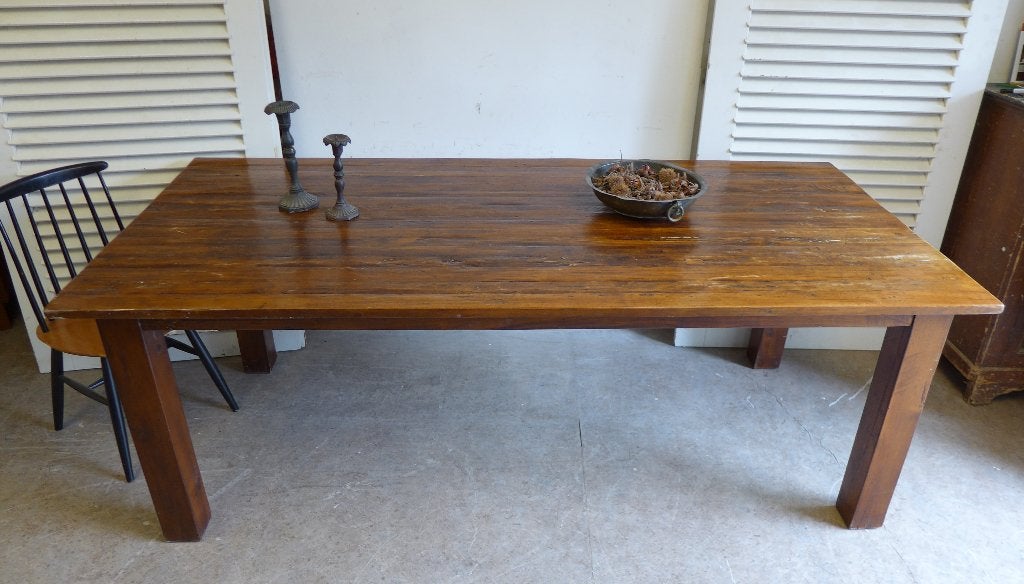 Prachtige grote teak stamtafel eettafel 230 bij 100 cm, Ophalen, Teak rustiek klassiek koloniaal, 200 cm of meer, 50 tot 100 cm