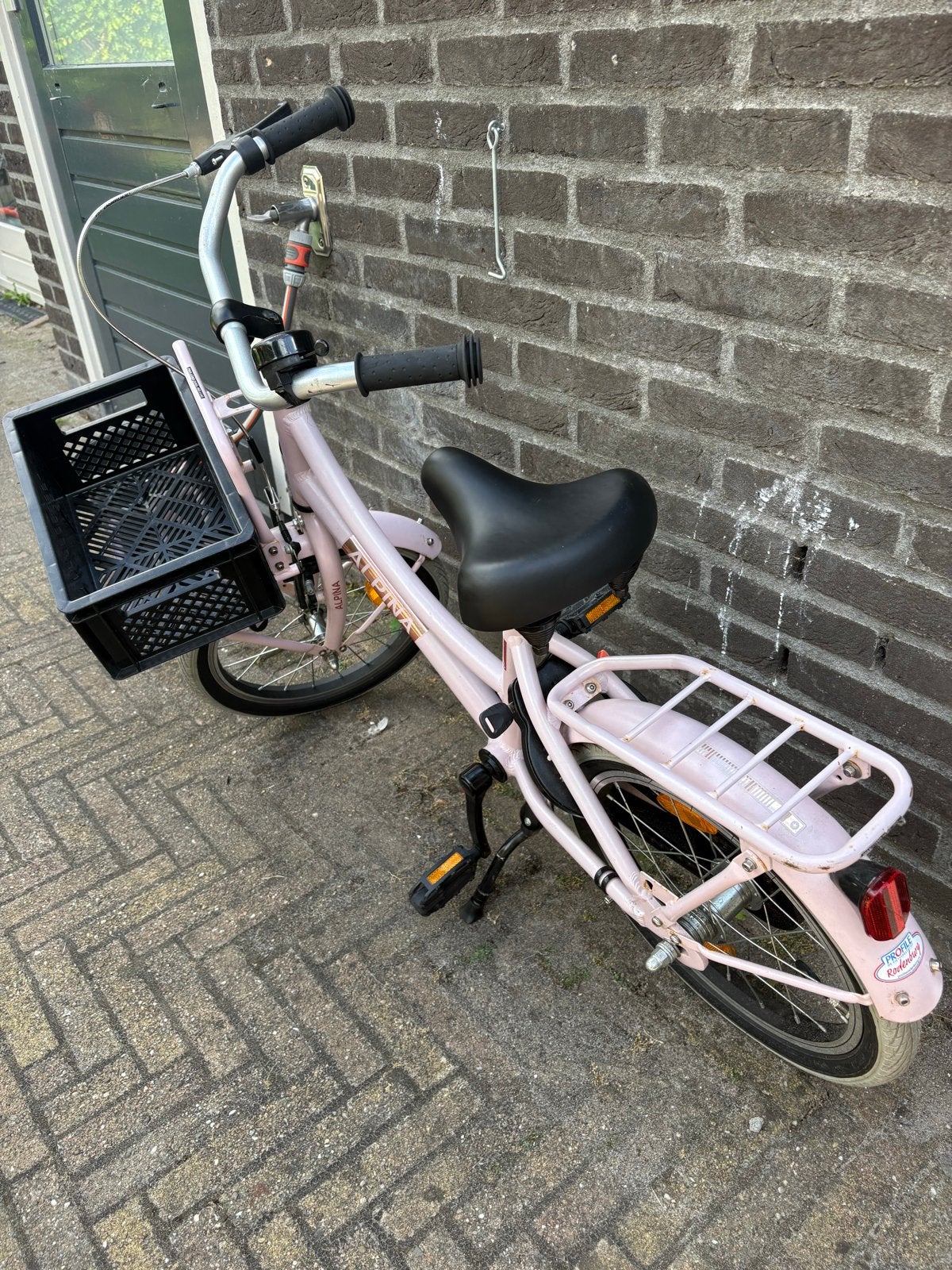 Roze kinderfiets Alpina met kratje en fietsendrager, Ophalen, Zo goed als nieuw, Velgrem, 20 inch of meer
