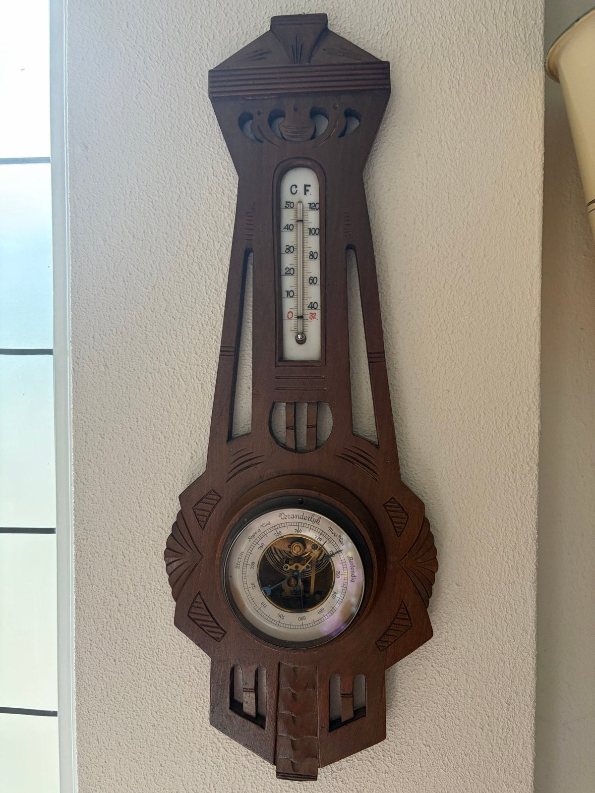 Antieke houten barometer/weerstation - 50x20 cm, Ophalen of Verzenden, Gebruikt, Weerstation