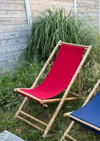 Bamboe strandstoel - rood, Tuin en Terras, Ophalen, Zo goed als nieuw, Hout, Inklapbaar