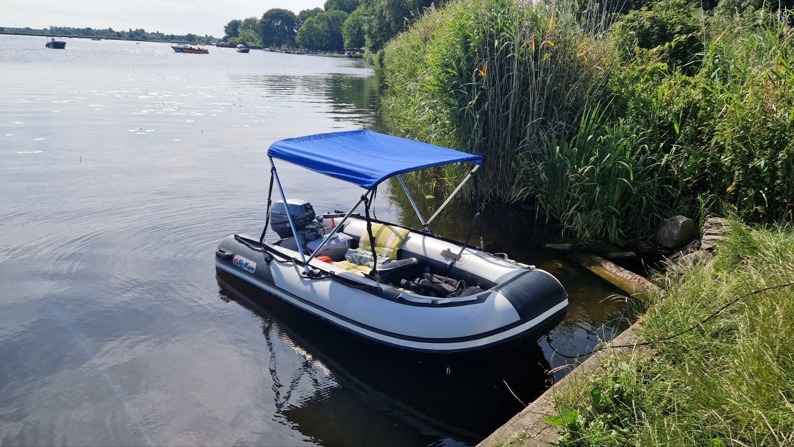 Opblaasboot met Yamaha buitenboordmotor 8 pkn biminitop, Ophalen, Aluminium, Gebruikt, Yamaha