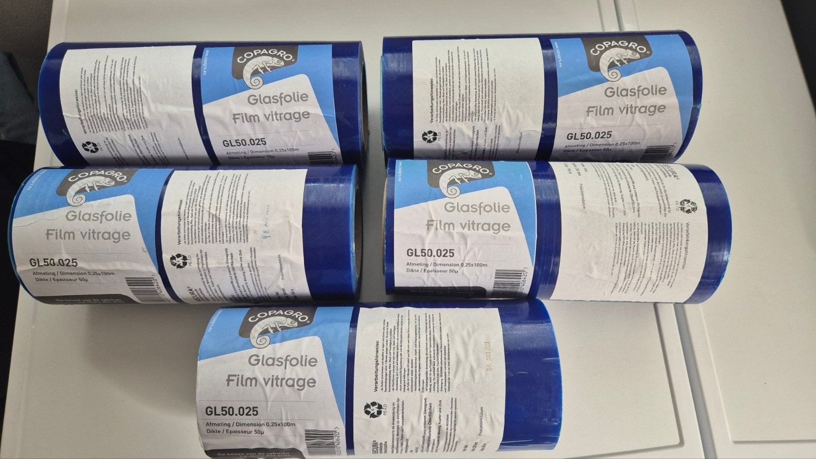 5  STUKS AFPLAK GLASFOLIE  25 CM BREED  100 MTR LENGTE, Ophalen of Verzenden, Overige typen
