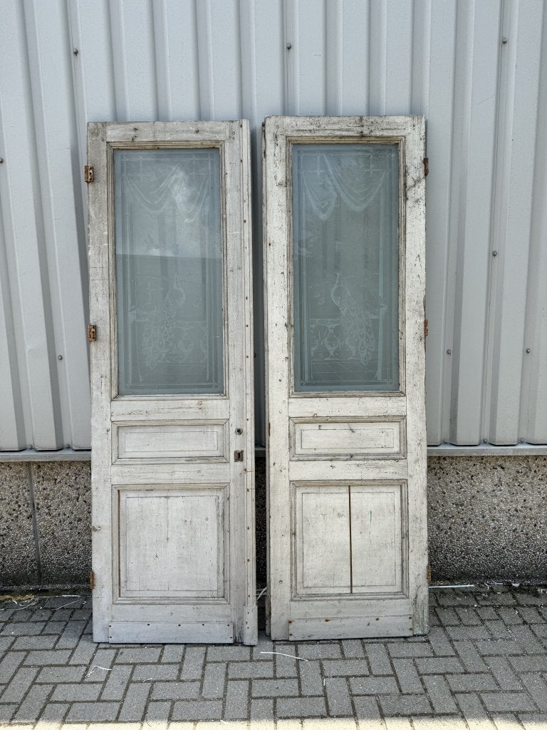 Zeer fraaie antieke ensuitedeuren met geetst glas uit 1890, Niet ingevuld, Gebruikt, Binnendeur, Niet ingevuld