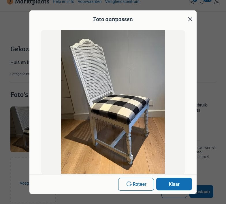 Ophalen in Gorinchem! Witte stoel blauw/ wit blokmotief, Huis en Inrichting, Stoelen, Ophalen, Zo goed als nieuw, Overige kleuren