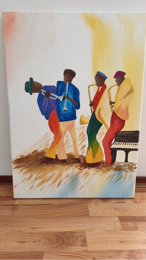 Kleurrijk schilderij Jazz band 70 x 50 cm, Antiek en Kunst, Acrylverf, Ophalen of Verzenden, Handgeschilderd, Muziek
