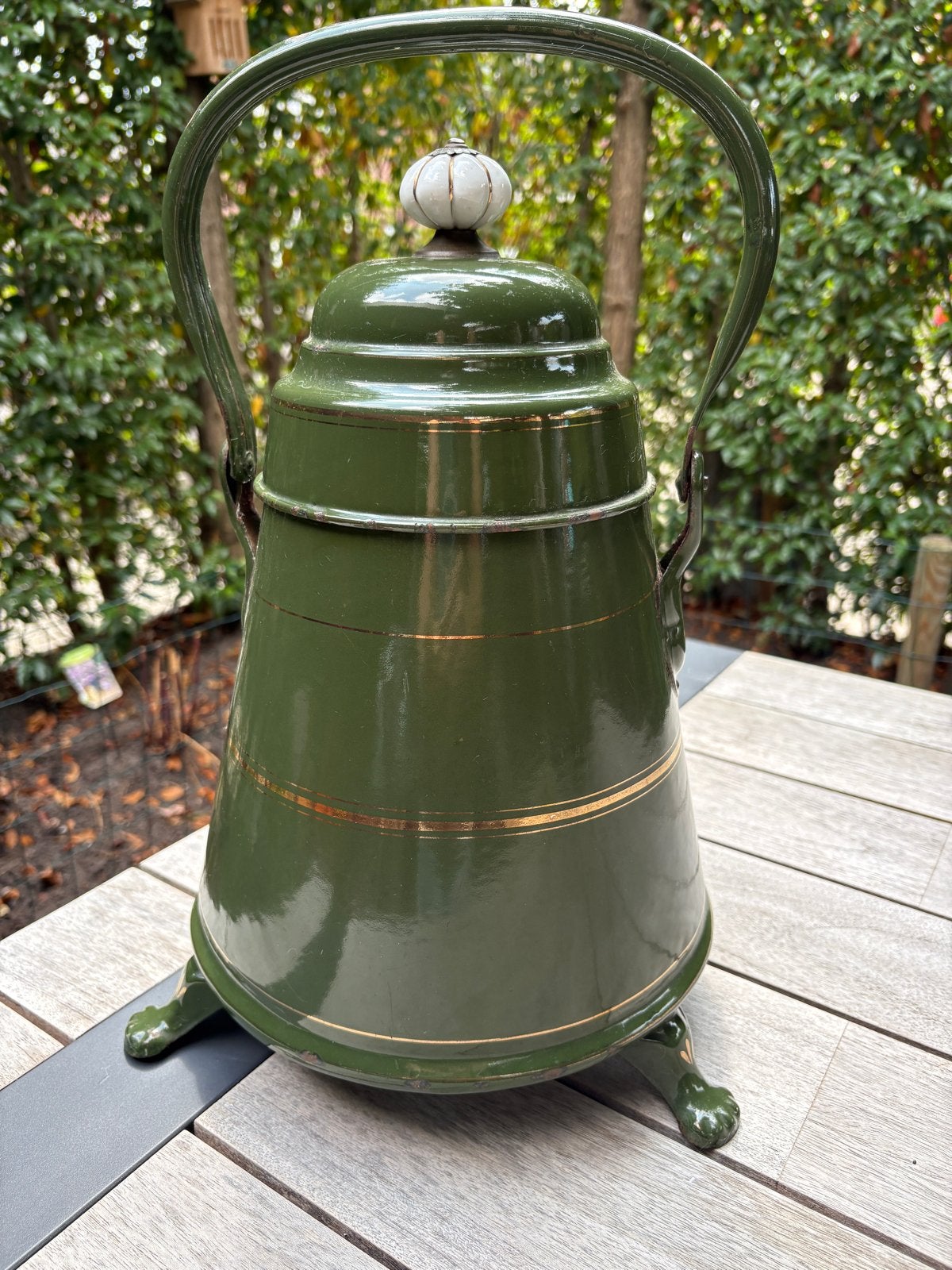 Groen geëmailleerde doofpot kolenkit/ haardemmer-vintage, Antiek en Kunst, Antiek | Emaille, Ophalen of Verzenden