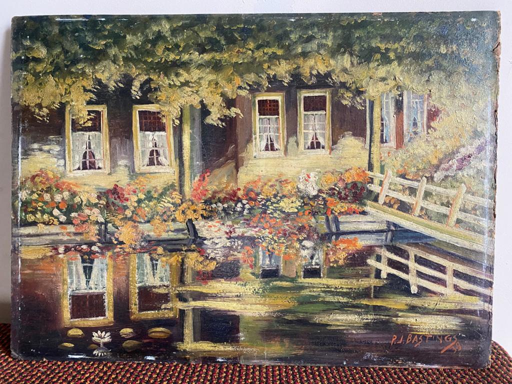 Schilderij van huis aan het water, 1939, Antiek en Kunst, Ophalen of Verzenden