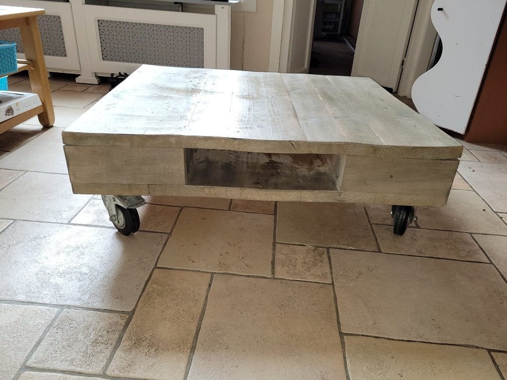 Handgemaakte steigerhouten salontafel 96x80x32,5cm, Ophalen, Gebruikt, 50 tot 100 cm, 50 tot 100 cm