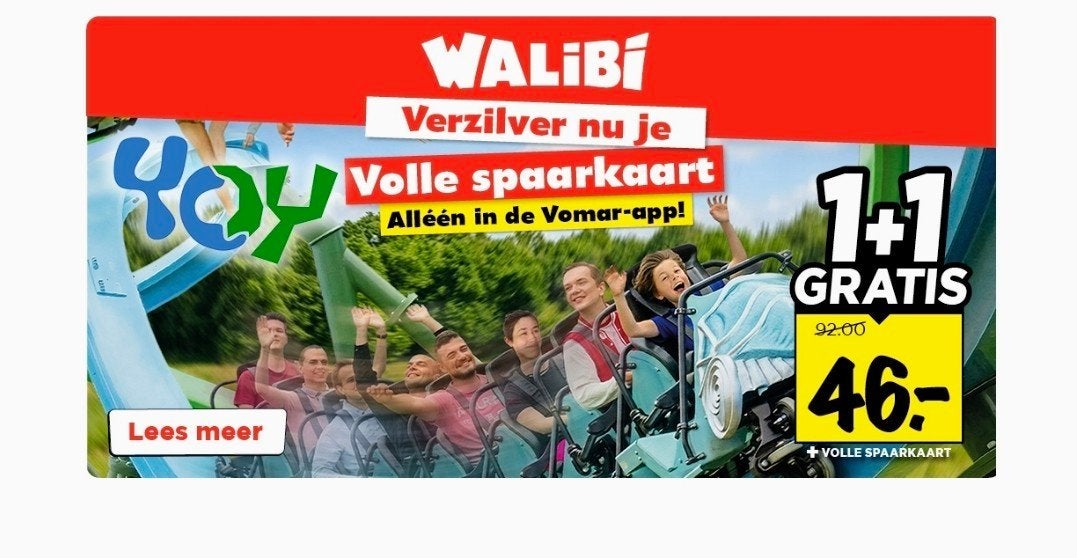 Walibi voucher 1+1, Eén persoon, Kortingskaart