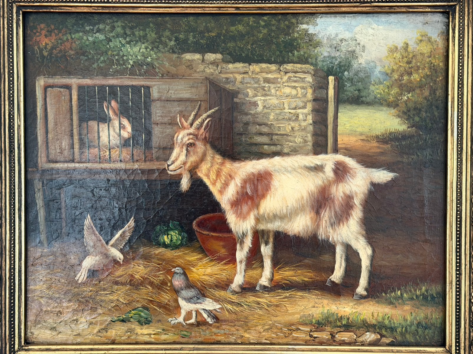Otto Eerelman - Olieverfschilderij met Geit, Konijn en Duif, Ophalen, Doek, Bijzondere lijst, Dieren