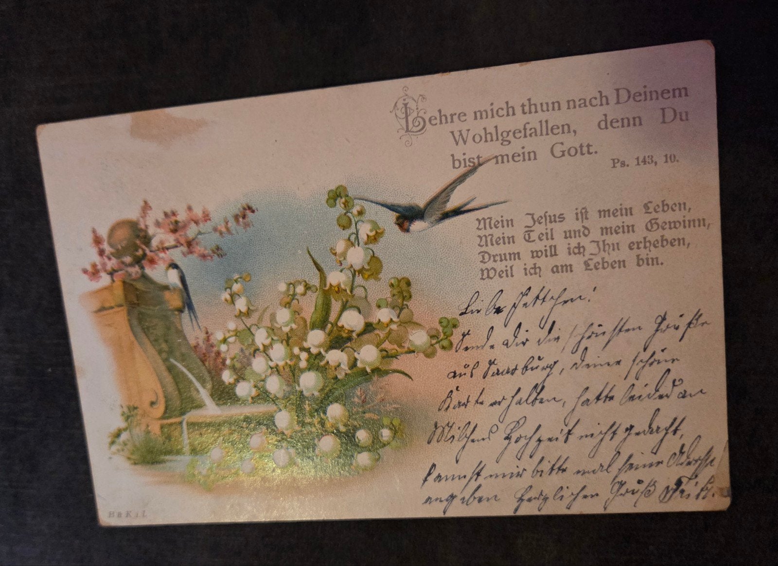 Oude Ansichtkaart: Lelietjes-van-dalen & Zwaluw (1902), Verzenden, Voor 1920, Gelopen, Overige thema's