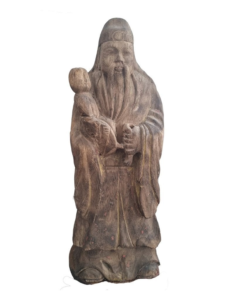 Grote antieke Chinese houten sculptuur met kind - wabi-sabi, Antiek en Kunst, Ophalen, Groep mensen, 50 - 100 cm, Gepatineerd