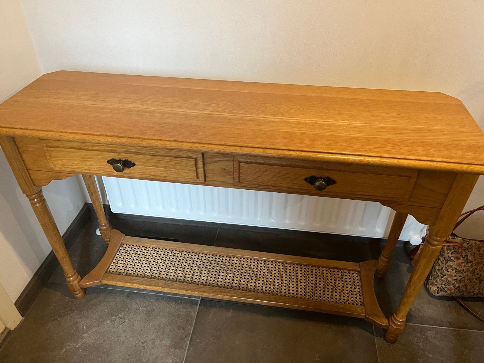 Eikenhouten Console Tafel met Lades en Rotan Plank, Gebruikt, 50 tot 100 cm, Eikenhout, Ophalen of Verzenden