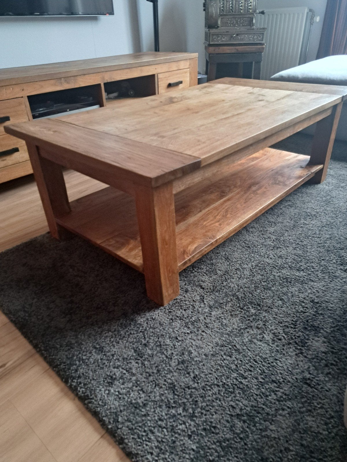 Teakhouten salontafel, 75dx135bx46h, Ophalen, Gebruikt, 100 tot 150 cm, Teakhout