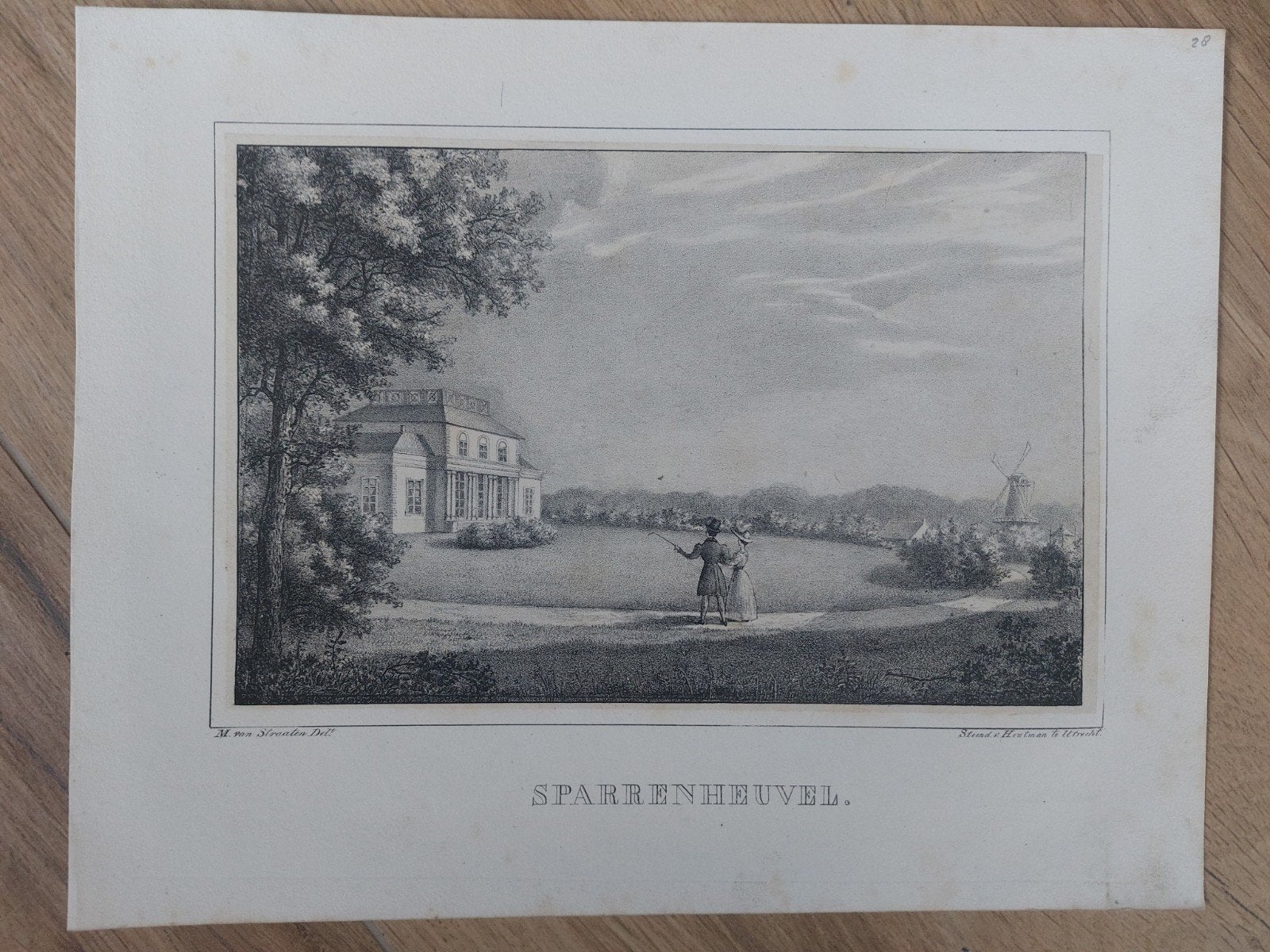 28 Sparrenheuvel in Zeist - Originele steendruk uit 1829, Antiek en Kunst, Gesigneerd in de plaat, Ophalen of Verzenden, Landschappen