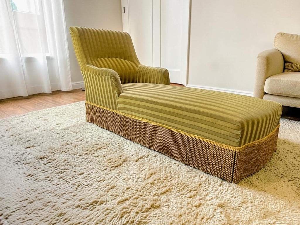 vintage okergele  chaise longue/ fauteuil /zetel met franjes, Ophalen
