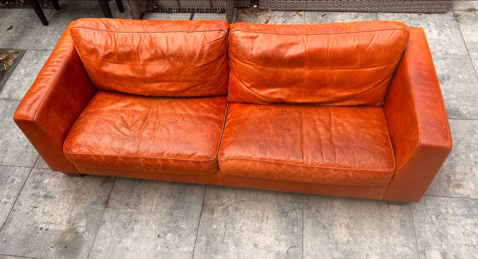 Bijenkorf cognac leren 3-zits bank, Ophalen, Gebruikt, Driepersoons, Rechte bank