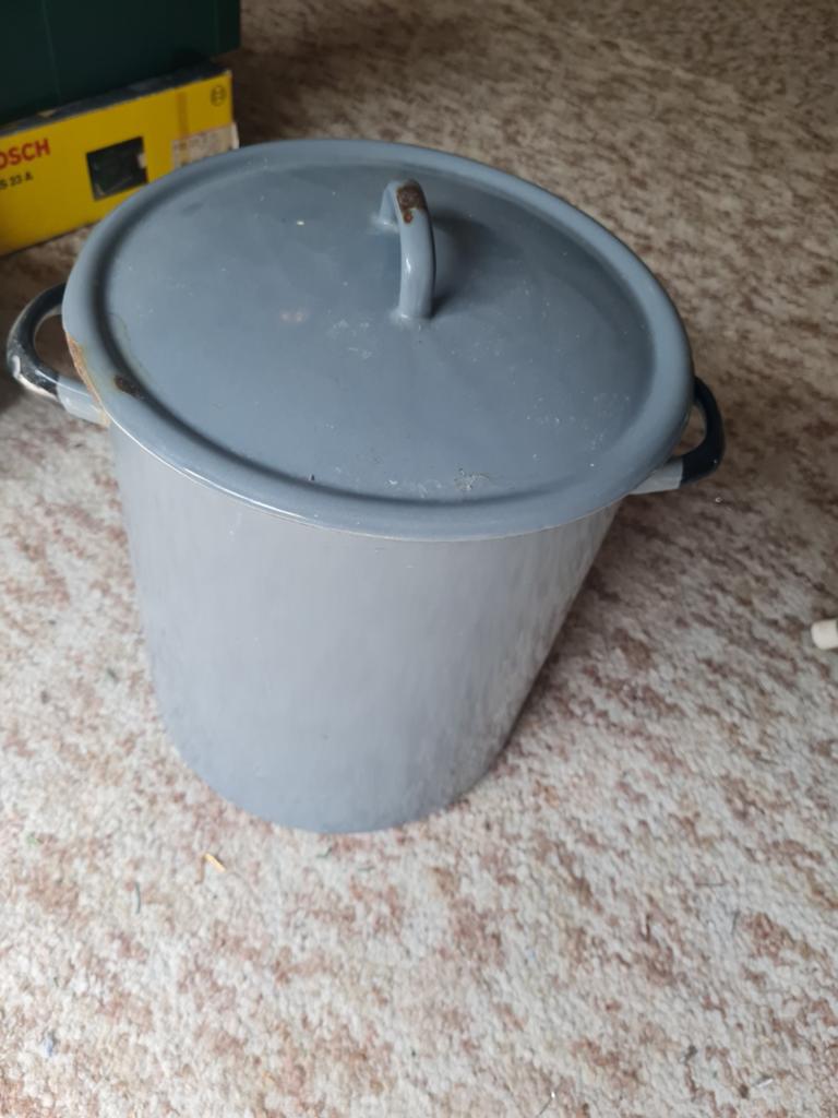 Grote emaille pan met deksel - Vintage grijs, Antiek en Kunst, Antiek | Emaille, Ophalen of Verzenden