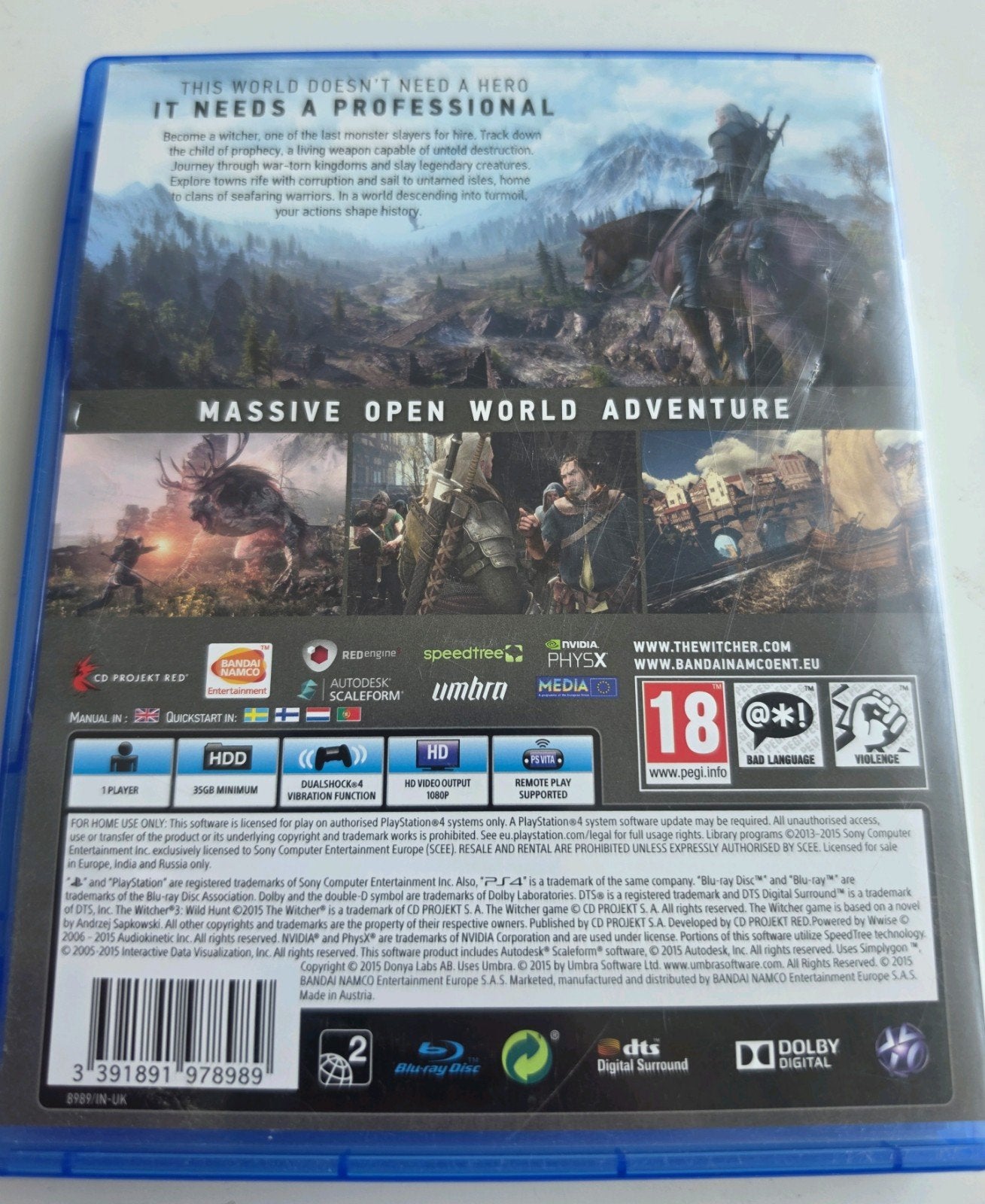 The Witcher 3: Wild Hunt PS4 en PS5 Lees Goed Aub, Vanaf 18 jaar, Jagiellońska 76, 03-301 Warschau, Polen, 1 speler, Support@cdprojektred.com