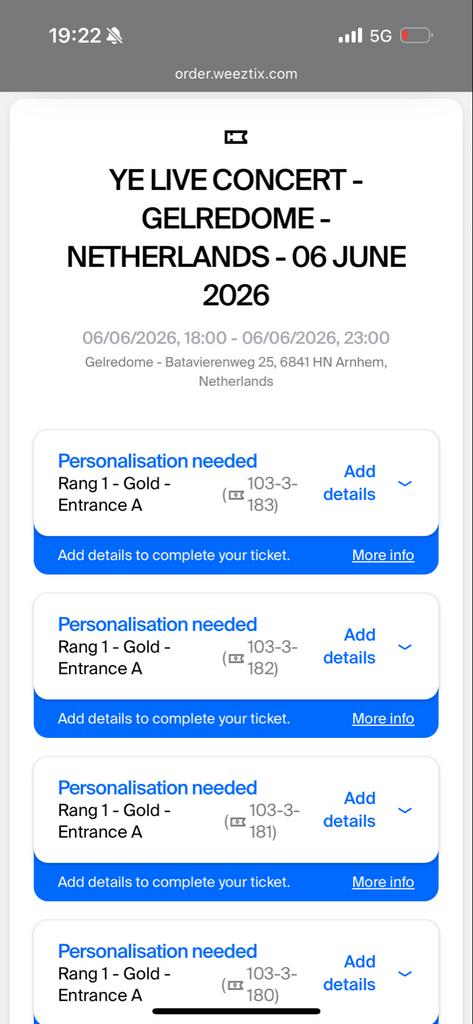 Gold rang 1 tickets Ye Gelredome 6 Juni, Tickets en Kaartjes, Twee personen, Juni