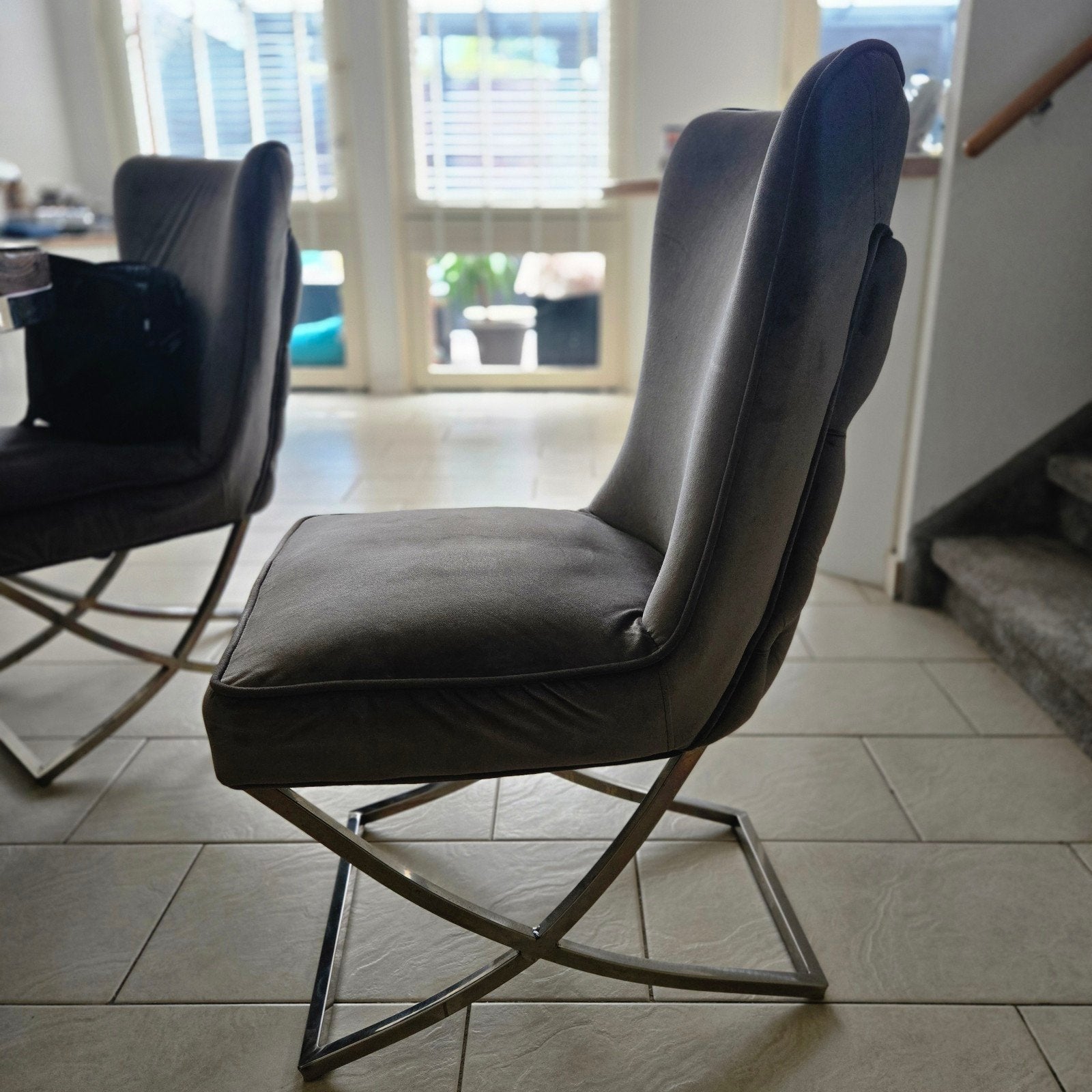 Antraciet/grijs fluweelachtige eetkamerstoelen, Ophalen, Gebruikt, Grijs, Eric Kuster stijl