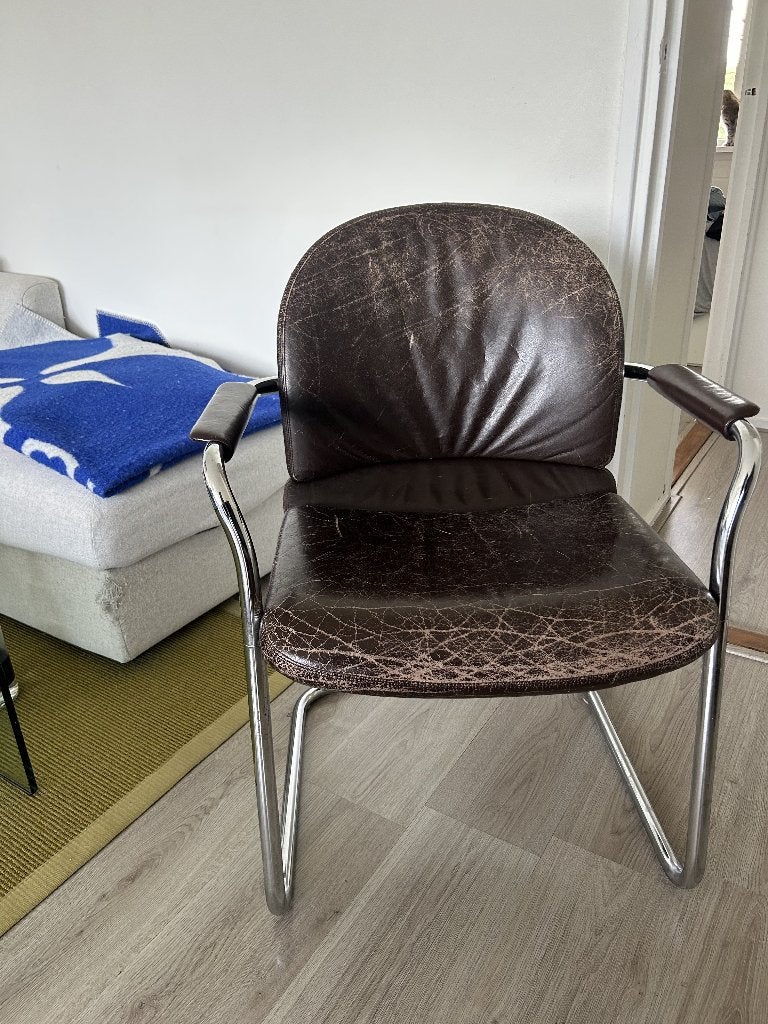 4 Vintage Mid-Century Cantilever Chairs Real Leather, Huis en Inrichting, Stoelen, Ophalen, Gebruikt, Bruin, Vier