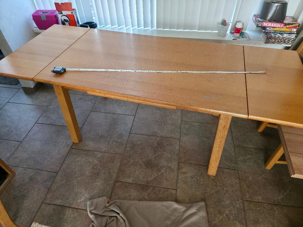 Eettafel met 4 stoelen leder, uitschuifbaar 140/220x85,Eiken, Huis en Inrichting, Ophalen, Gebruikt, 100 tot 150 cm, Eikenhout