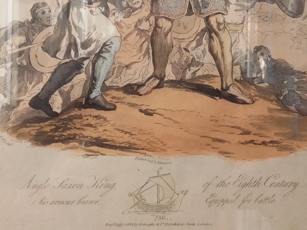 Anglo Saxon King antieke ingelijste ets uit Engeland 41 cm., 1800 - 1899, Ets, Militair, Handgekleurd
