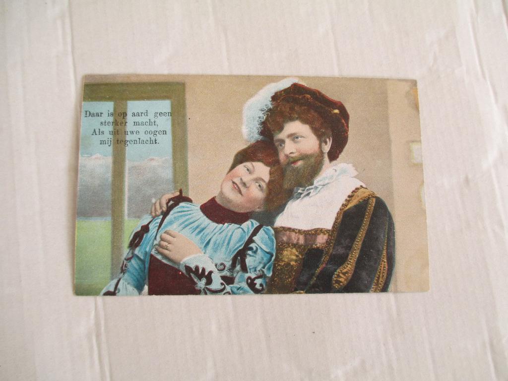 oude ansichtkaart stel in middeleeuwse kleding met rijm, Ophalen of Verzenden, Voor 1920, Gelopen